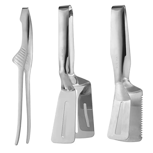 304 Kitchens Tongs 10 Inch 3 Pack Premium Stainless Steel Multipurpose Gripper Bread Clip/Steak Clamps/Fried Steak Clamp/Barbecue Tongs/Beefsteak Turner Flipper