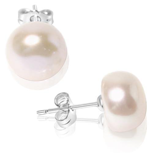 Stunning 10-11mm Grade AAA+ Genuine Freshwater Cultured Pearl Stud Earrings in 925 Sterling Silver – Cream White, Pink, Lavender, and Peacock Black