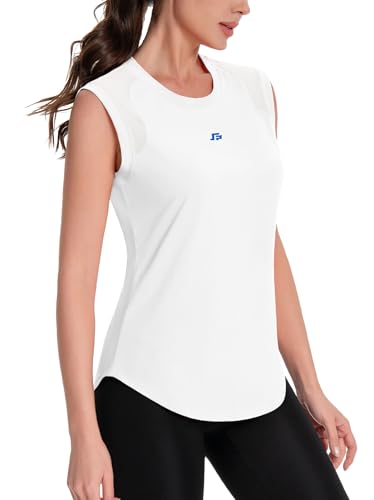 ANGEL CITIZ Gym Sleeveless Tops for Women UPF 50+ Sport Tank Tops Womens Running Shirts Yoga Vest Shoulder Mesh Breathable White