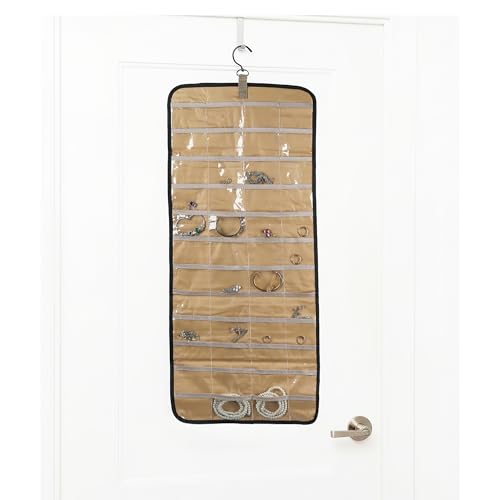 Pomodee Staubdichter Schmuck-Organizer zum Aufhängen, Doppelseitige Schmuckaufbewahrung als Schmuckhalter – Für Ohrringe, Halsketten und Ringe an Wand, Schrank oder Tür (1 Stück,Schwarz)