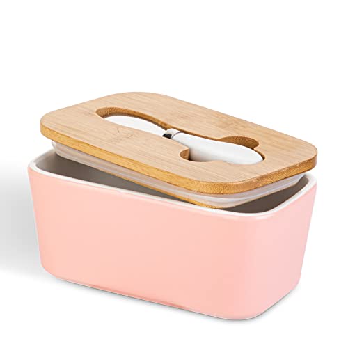 Beurrier en Porcelaine, Henten Home Boîte à Beurre avec Couvercle et Couteau à Beurre, Conteneur de Beurre avec Bague d'Étanchéité en Silicone (Rose Mat)