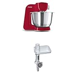 Bosch MUM58720 Küchenmaschine CreationLine, 1000 W, 3,9 l Edelstahl-Rührschüssel, 3D Rührsystem, 7 Schaltstufen, dunkle rot/silber + MUZ5FW1 Fleischwolf weiß/aludruckguss