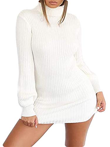 [ベイブスター] ボディコン ニット ワンピ ミニ スカート ロング スリーブ ボディ ライン セクシー タイト タートル ワンピース レディース タートルネック 長袖 ひざ丈 リブ セーター 秋冬 ミニワンピ 丈 胸元 胸 薄手 ホワイト 白 白色 Mサイズ B440-WTM