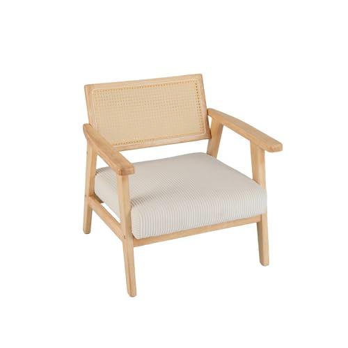 COSTWAY Butaca de Salón de Pana, Silla de Ocio con Asiento Tapizado y Respaldo de Ratán, Sillón de Madera de Caucho Acolchadode Mediados de Siglo para Dormitorio, Sala de Estar