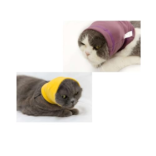 Image of Cat Snood Protector Ear Holder Head Cover Ear Wrap Covers for cat Blow Drying Pail Lilac+Yellow S