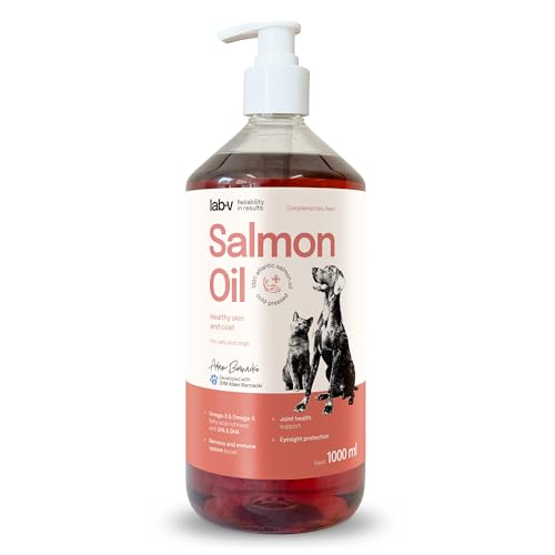 Lab-V, Aceite de salmón para perros y gatos 100% atlántico, 1 l, Omega 3 para perros, EPA DHA, saborizante, pienso para el pelo, la piel y el bienestar general