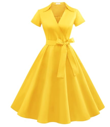 Timormode Damen Vintage Retro 1950er Cocktailkleid Rockabilly V-Ausschnitt Faltenrock Kleider Yellow 2XL