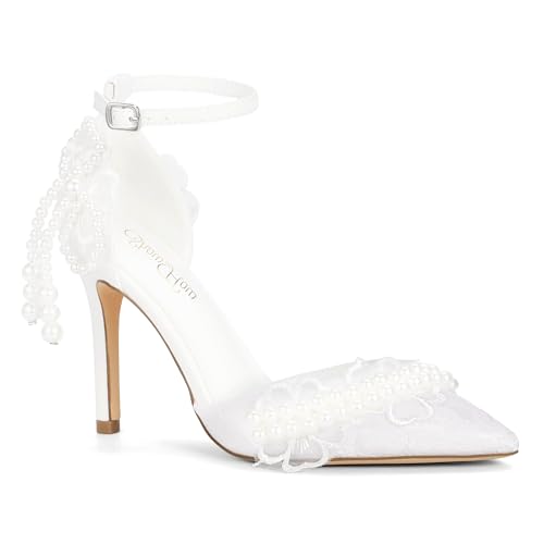 Mofri ShowHow Women's High Heels Stiletto Closed Pointed Toe Heels Pearl Lace Wedding Shoes Ankle Strap Pumps Bridal Party Wedding Dress Shoes - Main Image