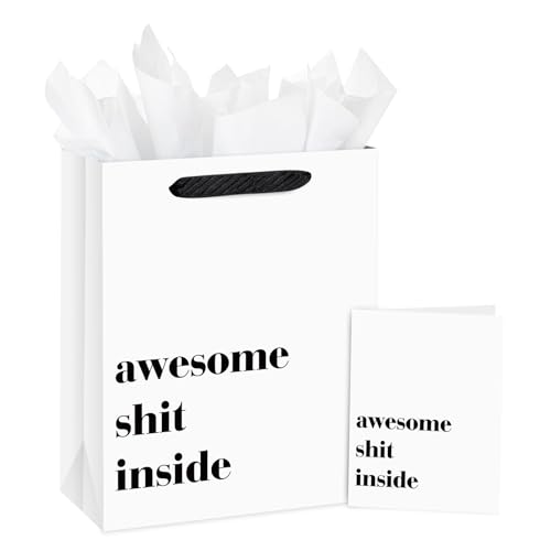 Loveinside 13 Large Funny Gift Bag Minimalist White Awesome Sh*t Inside Bold Design with Tissue Paper & Card Adult Humor Gift Bag for Friends Coworkers Birthday Party 10 x 5 x 13 1 Pcs