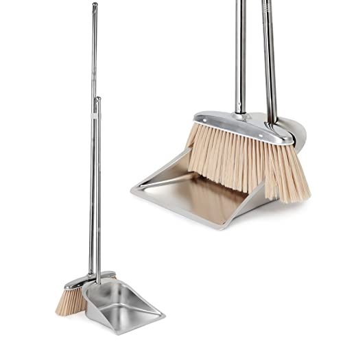 Broom and Dustpan Set for Home, VOOWO Stainless Steel Broom and Dustpan Set with Long Handle, Heavy Duty Dustpan Broom Set Upright Standing Dust Pan Kitchen Brooms for Sweeping Indoor Outdoor by VOOWO - Used condition - CA$22.68