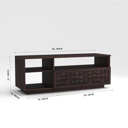 Image of Solid Sheesham Wood TV Unit for Living Room 55 Inch Furniture - Wooden TV Unit with Storage Cabinet with Drawer, 3 Shelves Wooden TV Cabinet - Accommodates up to 55-Inch TV (Thomas, Walnut)