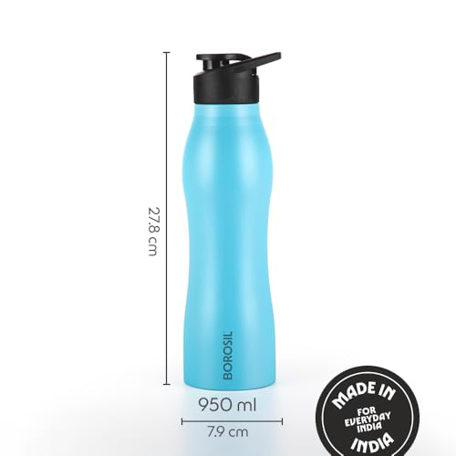 Image of Borosil 950 ml Hydra Grip Go Stainless Steel Water Bottle | ISI Certified, Made in India | Single Wall, Leakproof| Bottle for Office, School, College & Gym | 1 Year Warranty (1, Blue)