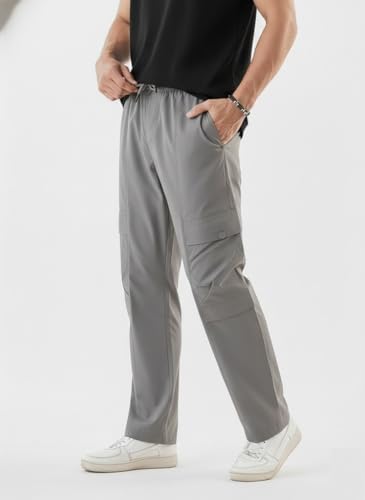 Image of Men's Cotton Cargo Pants | Straight Fit Casual Trousers for Men with Pockets | Lightweight & Breathable Pants with Elastic Waistband & Drawstring | Comfortable Lower for Mens