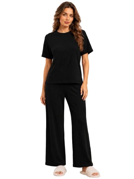 Women Solid Ribbed T-Shirt & Wide Leg Lounge Co-Ord Set | Round Neck Half Sleeve Top with Elastic Waist Pants | Casual Night Suit & Loungewear Set(Sizes Live S TO XXL)-image-34