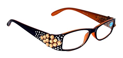 Merkel (Bling) The Diamond Crystal Shape, Bling Women Reading Glasses, Adorned with Light Colorado Genuine European Crystals Black Frame (Light Brown Crystals) Rectangular Shape NY Fifth Avenue.