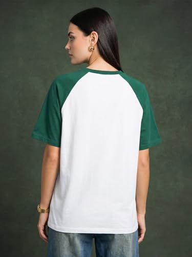 Image of JUNEBERRY 100% Pure Cotton Oversized Fit Drop Shoulder Graphic Printed Raglan Sleeves Boyfriend T-Shirt for Women (Sizes: S to 2XL)