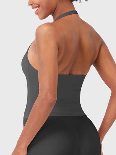 Image of YEOREO SoftHue Women's Impact Halter Tank Top Longline Backless Scoop Neck Built-in Bra Sports Workout Gym Crop Top