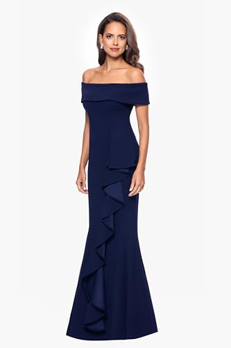 Image of Betsy & Adam Women's Women's Long Off Shoulder Cascade Ruffle Stetch Scuba Crepe Gown