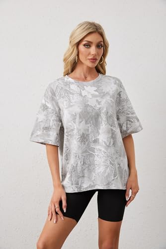 Image of MSBESYOR Camo Shirt for Women Maple Leaf Print Short Sleeve Crewneck T-Shirts Summer Oversized Tee Shirts Streetwear