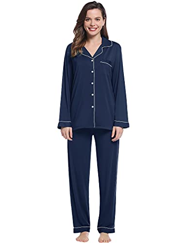 Image of Joyaria Women's Cooling Bamboo Viscose Pajama Set Long Sleeve Button Front | Hot Sleeper Comfort . Cooling Relief . Lightweight Feel for Sleeping & Lounging