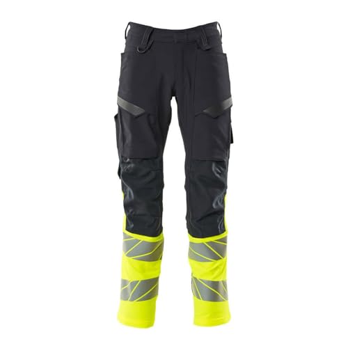 Image of Mascot 19879-711-01017 Accelerate Safe Ultimate Stretch Water-Repellent Two-Tone Trousers with Knee Pockets, Black/Blue/Hi-Vis Yellow, 76C48 Size