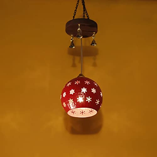 Image of AAKRITI ART CREATIONS Snowflake Glow Red Handcrafted Metal Pendant Lamp with Mango Wood Rosette for Living Room Ceiling | Pendant Lamp for Living Room | Hanging Lamps for Home Decoration | Ceiling