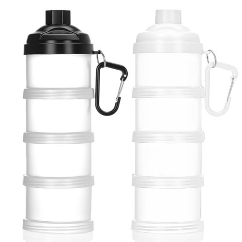 Baderke 2 Pcs Protein Powder Travel Container with Funnels Stand, 4 Layers Stackable Travel Powder Container Formula Supplement Organizer Storage Holder for Workout Fitness(Black, White)