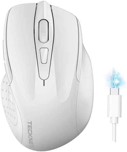 TECKNET Bluetooth Maus, Wiederaufladbare Maus Kabellos(BT 5.0/3.0 + 2.4G) | DREI Modi, 4800 DPI, Ergonomische Leise Funkmaus für Laptops, Mac OS, Android, Windows, Weiß
