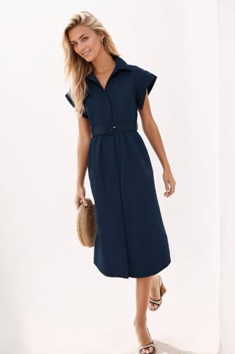 Image of Ladyful Women Casual Button Down Shirt Dress Short Wing Sleeve Buiness Midi Shirt Dress with Belt Elegant Dress