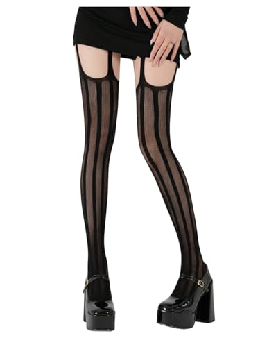 OYOANGLE Women's Striped Fishnet Suspender Stockings Party Club Sheer Tights Pantyhose