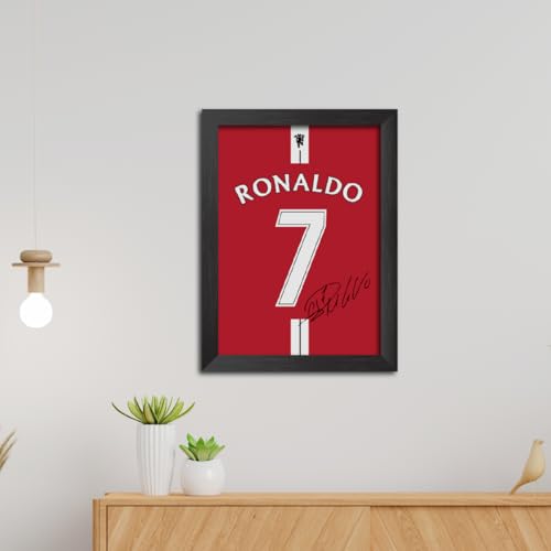 TenorArts Cristiano Ronaldo Poster Frame Manchester United Jersey Laminated Photo Print with Signature Framed Painting with Matt Finish Black Texture (12 inches x 9inches)