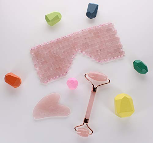 Rose Quartz Jade Double Face Roller, Gua Sha & Eye Mask Luxurious Spa Set for Facial Skin Care (3 in 1 Facial Massage Tools)Anti Aging, Eye Puffiness Treatment Healing & Neck Slimming Gift for Women