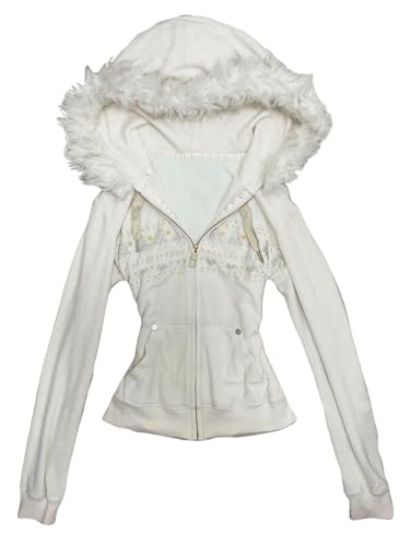 TYATVS Fur Zip Up Hoodie Y2k 2000s Hood Jacket Fluffy Coat Emo Grunge Alt Clothes Gyaru Fashion Streetwear (B-white,Medium)