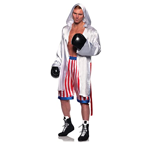 UNDERWRAPS Disfraz de boxeo de satén – Conjunto de disfraz de Halloween de dos piezas para pareja, traje de campeón y pantalones cortos para hombre, disfraz de bóxer con bandera americana, talla única
