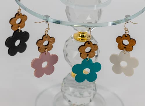 Bello Bee Double Flower Fashion Wood Leather Daisy Dangle Earrings 2’’. (White) #TOP4