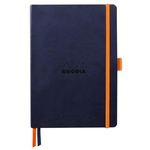 RHODIA 117808C - Carnet Souple Goalbook Bleu Nuit - A5 14,8 x 21 cm - Pointillés Dot - 240 pages - Papier Clairefontaine Ivoire 90 g/m² - 2 Rubans, Fermeture Élastique - Simili Cuir