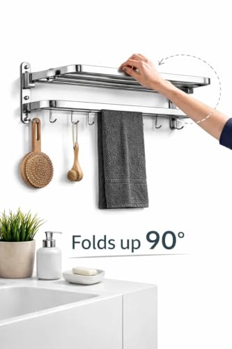 Image of Natheeph Towel Holder in Bathroom,(Silver) - Towel Hange Round Edges Stainless Steel Foldable, Rustproof Wall Mounted Bathroom Shelf with Hooks, Heavy Duty Bathroom Accessories
