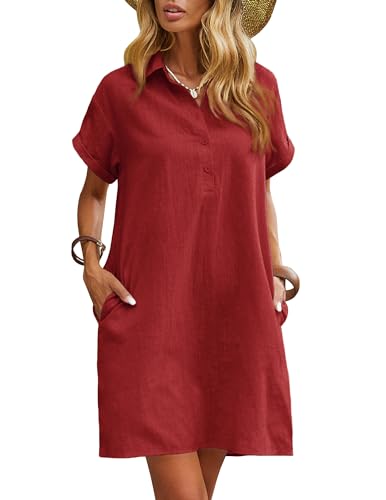 Image of Zeagoo Womens Cotton Shirt Dress Summer Casual Short Sleeve Button Down Beach Cover Up Shirts with Pockets