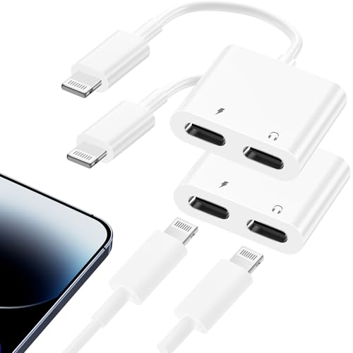 Dual Lightning iPhone Headphone Adapter,2 Pack 2 in 1 Lightning Headphone Audio & Charger Adapter Splitter Compatible for iPhone 14 13 12 11 XS XR X 8 7 6,Support Audio+Charge+Call+Volume Control