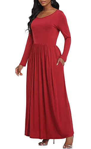 VintageClothing Women Casual Plain Maxi Dresses Long Sleeve with Pockets,M