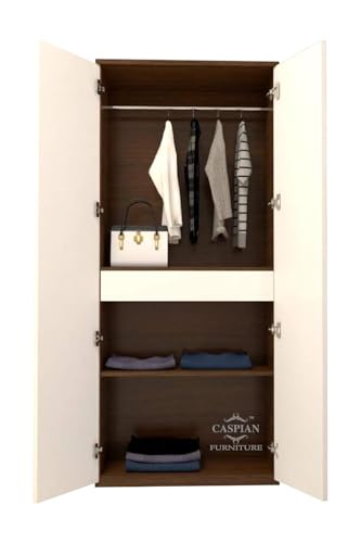 Image of CASPIAN Engineered Wood 2 Door Wardrobe (White & Brown) | Pre-Assembled Furniture with Hanging Space | Cupboard /Almirah for Bedroom Clothes Storage Organizer with 2 Shelves & 1 Drawer