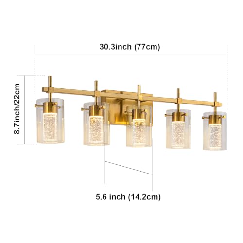 Image of 5-Light Gold Vanity Light with 3 Color Modes (3000K /4000K /6000K), Eye Protection LED Bathroom Light Fixture, Dimmable Modern Wall Light Over Mirror with Clear Glass Shade