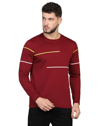 Image of INKKR Striped Men's Round Neck Maroon Full Sleeve T-Shirt