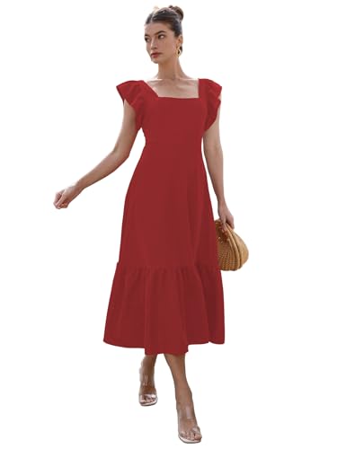 Image of Sugathari Girl's & Women's Solid Color Square Neck, Ruffle-Trimmed Hem Sleeveless, Ruffle Armhole and Casual Dress with Cinched Waist Vacation Outfits Woman (Dress 176)