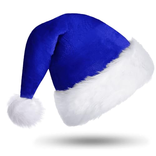 CITÉTOILE Blau Weihnachtsmütze, Deluxe Nikolausmütze aus Velours für Erwachsene mit Komfort Soft Liner, Dicke Plüschkrempe Weihnachtsmütze für Männer Frauen, Kostüm Weihnachtskostüm Party Dekoration