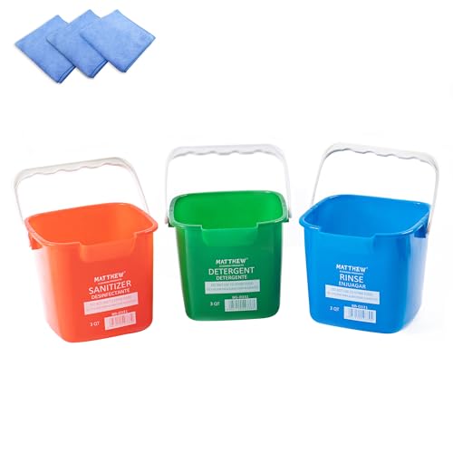 Matthew Red&Green&Blue Detergent and Sanitizing Cleaning Bucket 3 Quart Cleaning Pail Set of 3 Square Containers Built-In Spout w/Handle Wash Rinse Sanitize Handwash Bucket Incl.3Pcs Microfiber Cloths