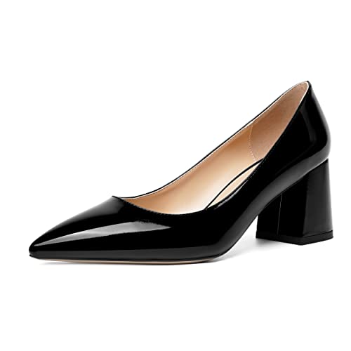 SHOWFOREST Womens Slip On Dress Pointed Toe Patent Evening Chunky Mid Heel Pumps Shoes 2.5 Inch