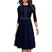 HULKY Robe Femme Genou en Col V Manches 3/4 Unie Elégante Plissée Casual Coton Taille Haute De Travail Soirée Cocktails Noire À Longues pour Femmes Ras du Cou Vintage Cocktail Homecoming Aline Robes