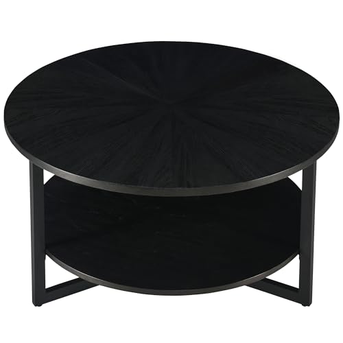 LEEMTORIG 33.5" Round Wood Coffee Table, 2-Tier Circle Round Coffee Table with Storage for Living Room, Mid-Century Modern Style with Texture Surface, Black Brass, KFZ-1338