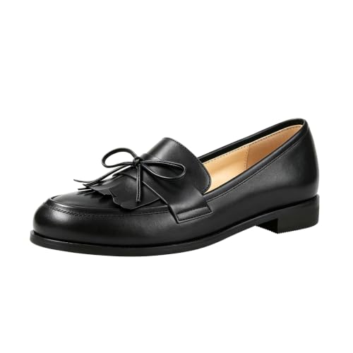Image of LEMUTISME Women Tassel Bow Penny Loafers Slip On Low Flat Heel Dress Shoes